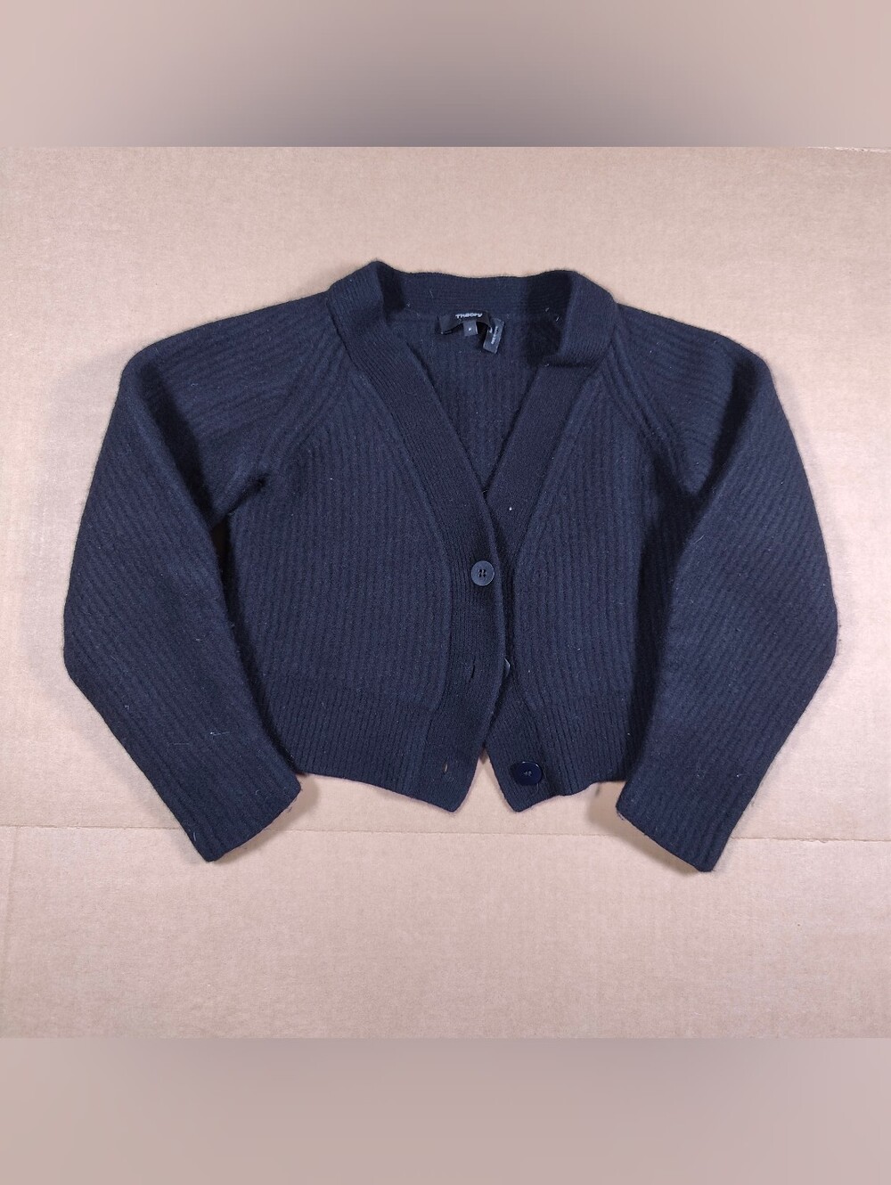 Theory Women's 100% Wool Cropped Black Ribbed Knit Cardigan Size XS